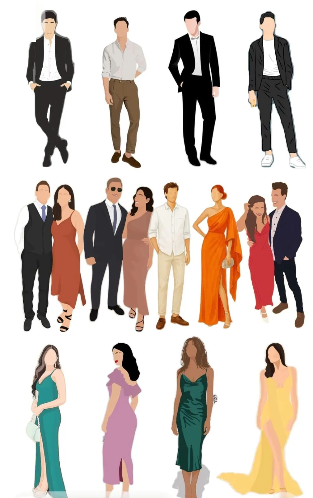 Ilustrações de convidados em trajes de festa, como referência de dress code